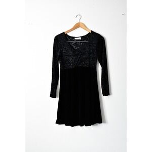 Jay Jacobs Mini Dress Women S Black Vtg 90s Velvet Lace Burnout Long Sleeve